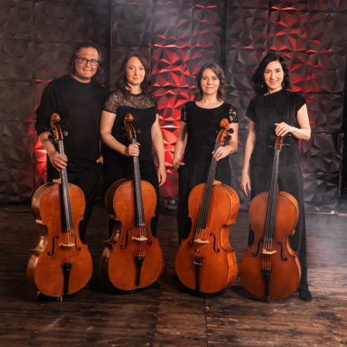 Man sieht ein Foto vom Quartett CelloNation, das aus drei Frauen und einenm Mann mit jeweils einem Cello besteht.